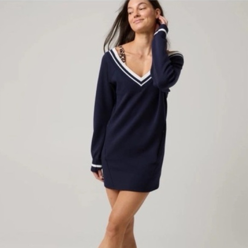 Offline by Aerie ChillUp Mini Dress Crepe Navy Blue White Ribbed Stripes Active